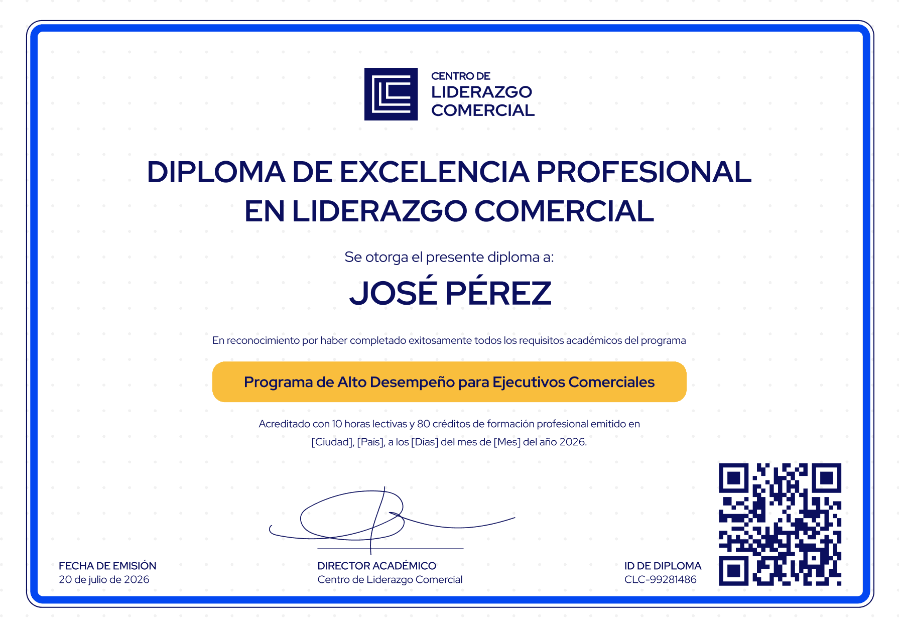 Diploma de excelencia profesional en liderazgo comercial emitido por CLC, con código de verificación